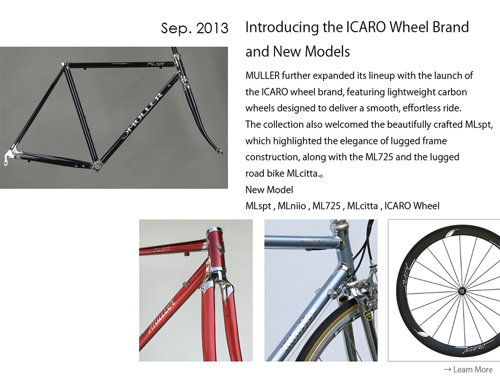 The launch of the ICARO wheel brand and new MULLER models in September 2013, including the MLspt, ML725, MLcitta, and lightweight carbon wheels.