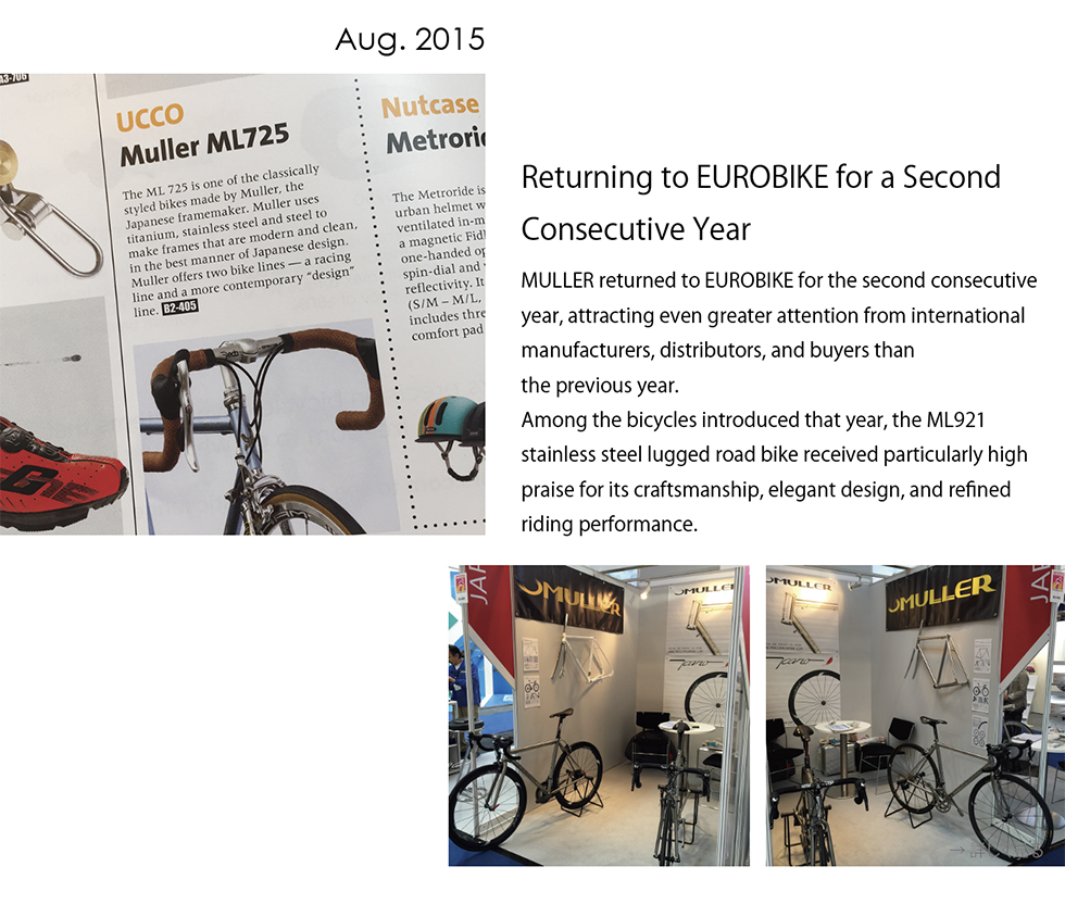 MULLER returned to EUROBIKE in August 2015, showcasing the ML921 stainless steel lugged road bike and attracting even greater international attention.