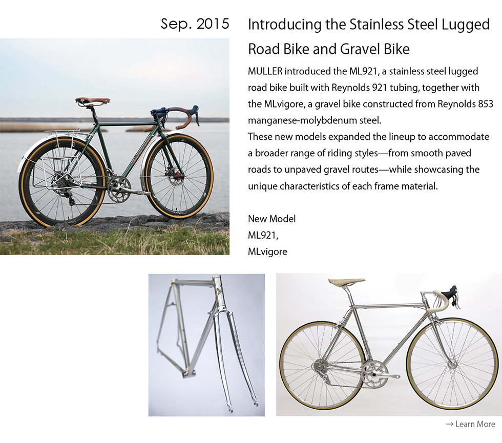 MULLER introduced the ML921 stainless steel lugged road bike and the MLvigore gravel bike in September 2015, expanding its lineup with Reynolds 921 and Reynolds 853 frames.